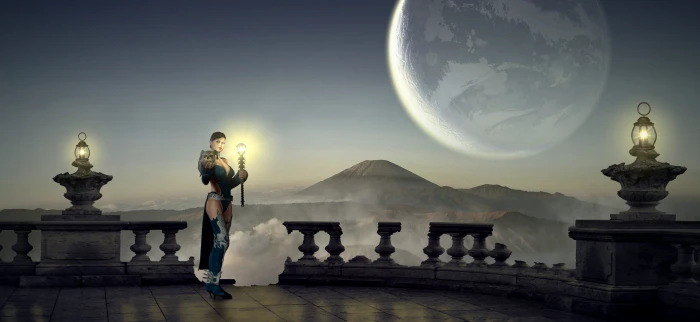 fantasy amazone moon lantern mountains twilight dark 2k 4k 5k