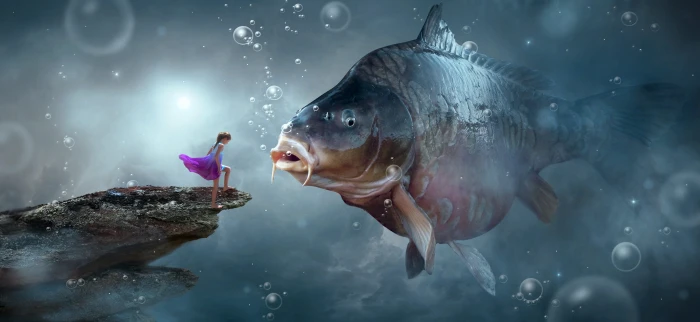 fantasy carp girl child water rock encounter together 69 2k 4k 5k