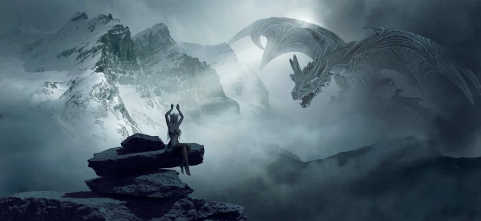 fantasy dragons rock mountains woman girl stones clouds 2k 4k 5k