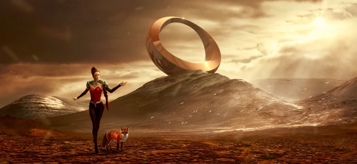 fantasy fuchs mountain monument ring woman landscape 2k 4k 5k