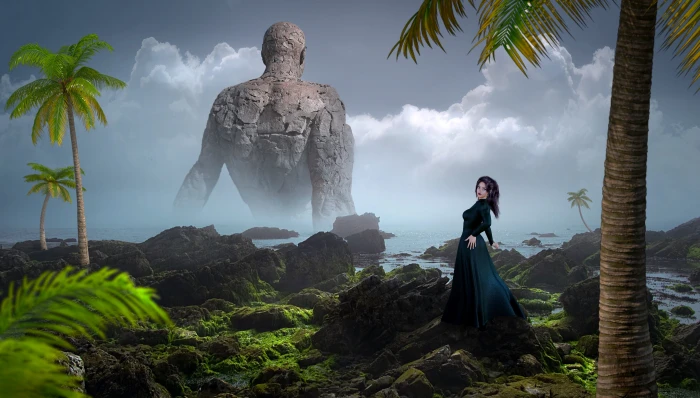 fantasy landscape stones palm trees woman statue figure 2k 4k 5k