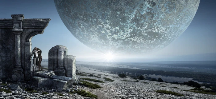 fantasy moon ruin pair love landscape wide stones light 2k 4k 5k