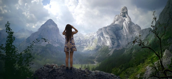 fantasy mountains statue girl view landscape idyllic 2k 4k 5k