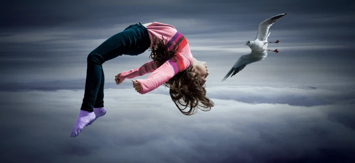 girl sky seagull flying float air clouds fantasy surreal 2k 4k 5k