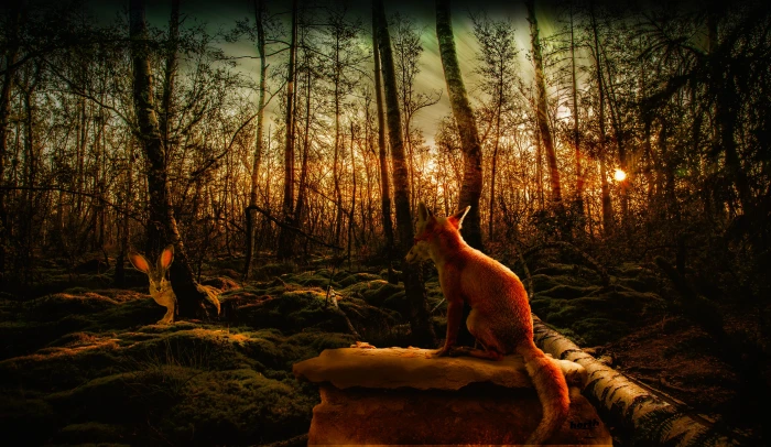 hare fuchs forest nature sunset mystical tree plant 2k 4k 5k