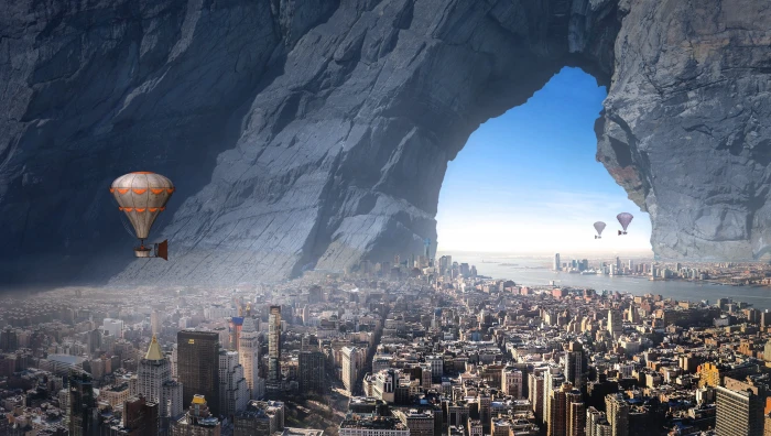 hot air balloons top of city buildings during daytime fantasy 2k 4k 5k