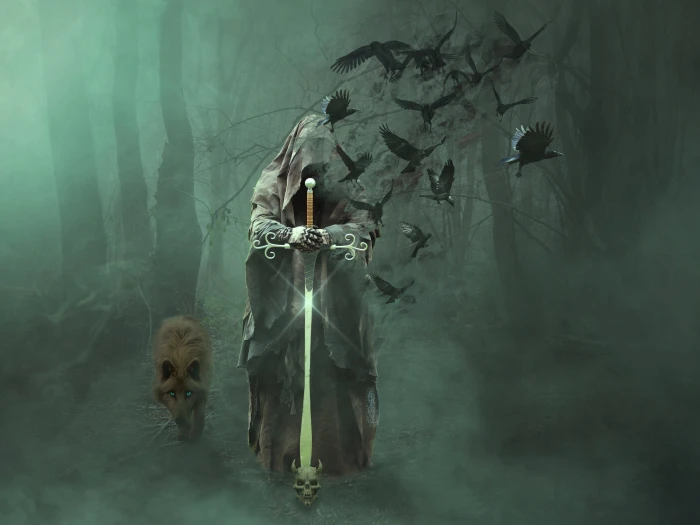 man holding a sword game wallpaper magician forest wolf fantasy 2k 4k 5k