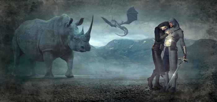 man holding sword near grey rhino painting fantasy dragons 2k 4k 5k