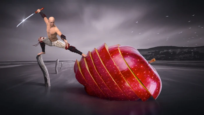 man holding sword slicing large size apple fantasy samurai 2k 4k 5k