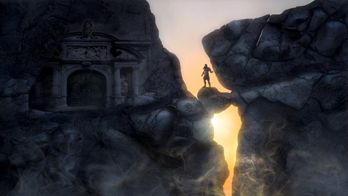 man stands between mountain and castle digital wallpaper fantasy 2k 4k 5k