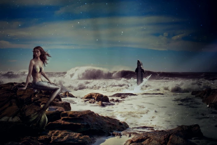 mermaid sitting on rocks near body of water Fairy Tales Fantasy 2k