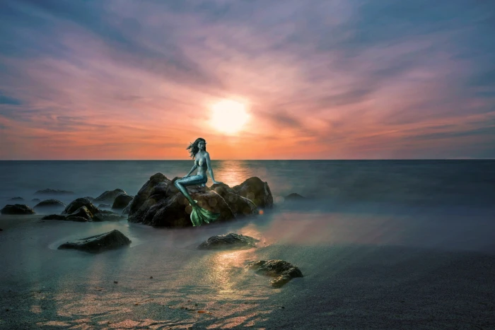 mermaid sitting on stone painting Fairy Tales Fantasy Sea 2k