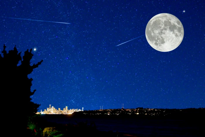 moon and night sky painting scape city skyline magical 2k 4k 5k