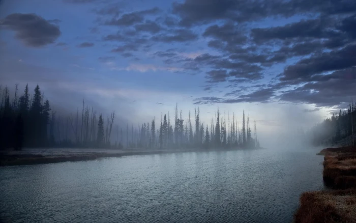 Mystical River At Dusk forest shore clouds mist nature and landscapes 2k