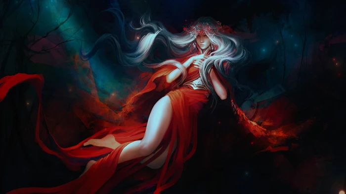 mythology silk red dress mystical demoniac illustration 2k