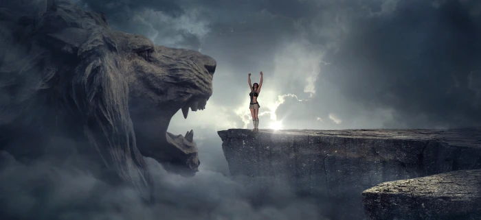 person standing in front of lion statue fantasy rock head 56 2k 4k 5k