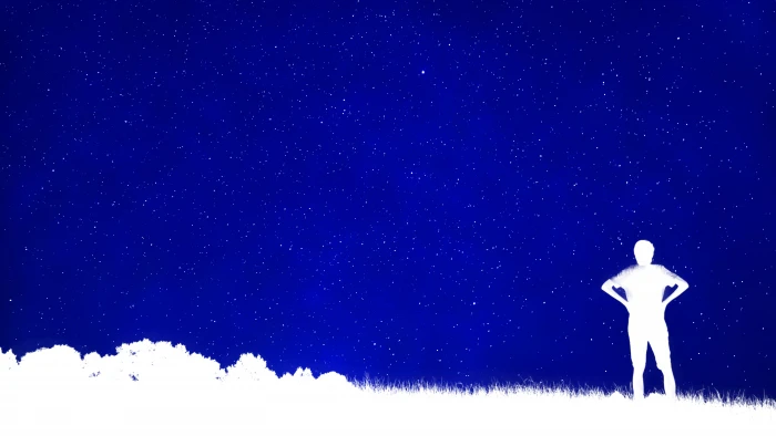 person standing on grass under blue sky illustration Composition 2k 4k 5k