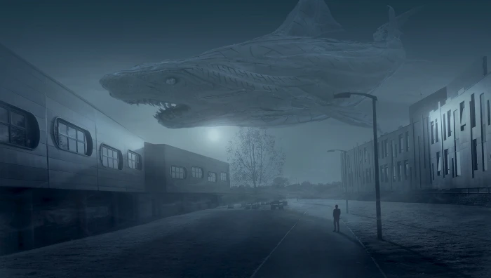 person watching shark illustration fantasy mystical building 2k 4k 5k