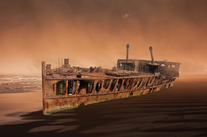 rusty ship on ocean wreck old boot water sea setting stainless 2k