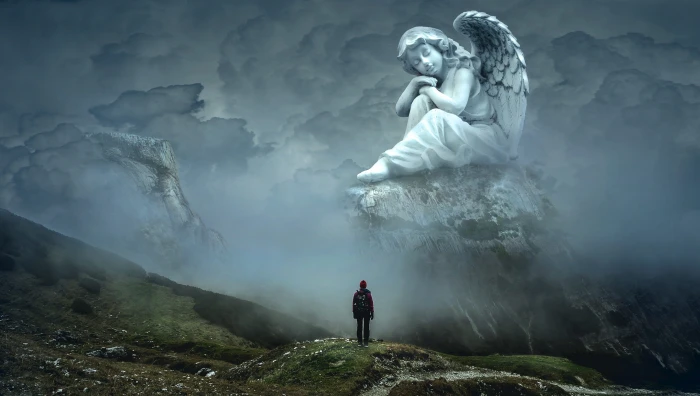 silhouette of person looking at angel statue illustration fantasy 2k 4k 5k