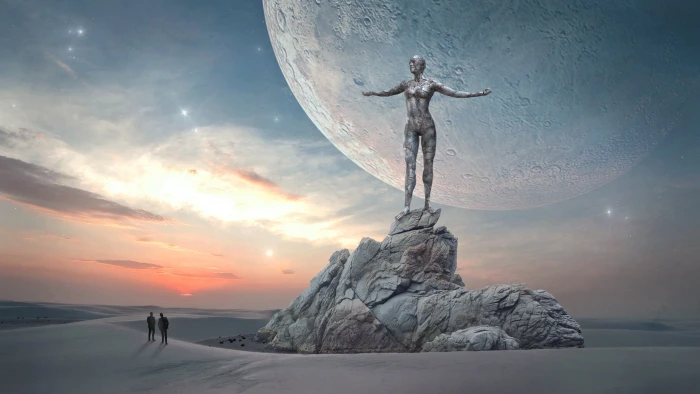 two people standing in front of woman s profile statue fantasy 2k