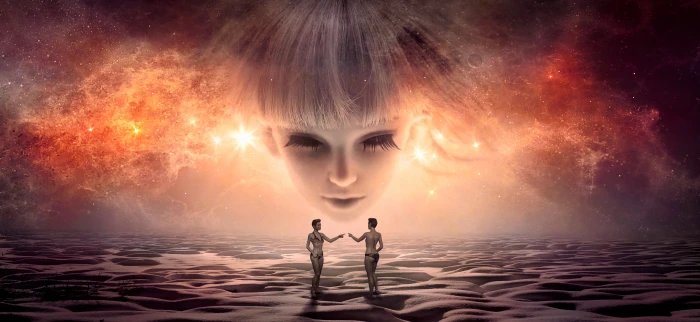 two person near girl s face hologram graphic poster fantasy 2k 4k 5k