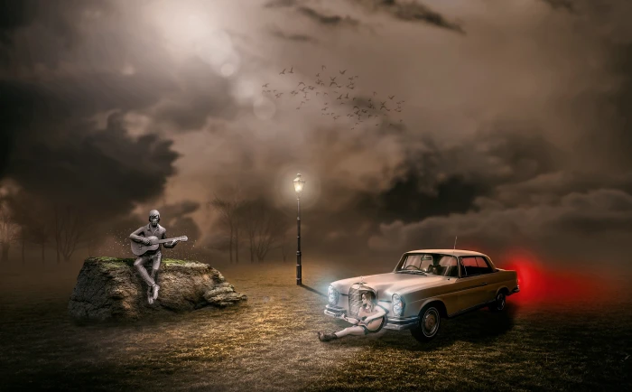 two person playing guitars near car wallpaper photo outdoors 2k