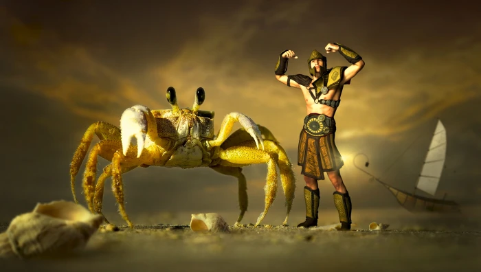 video game screenshot fantasy crab warrior ship sea lake 2k 4k 5k