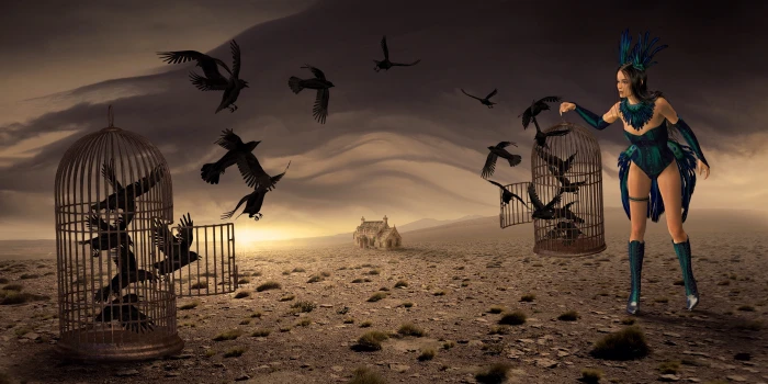 woman holding bird cage fantasy mysticism crow mood fairy tales 2k 4k