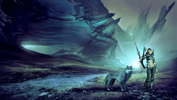 woman holding sword beside gray wolf video game character illustration 2k 4k 5k
