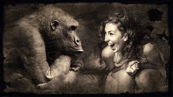 woman in sleeveless top with monkey painting composing laugh 2k 4k 5k