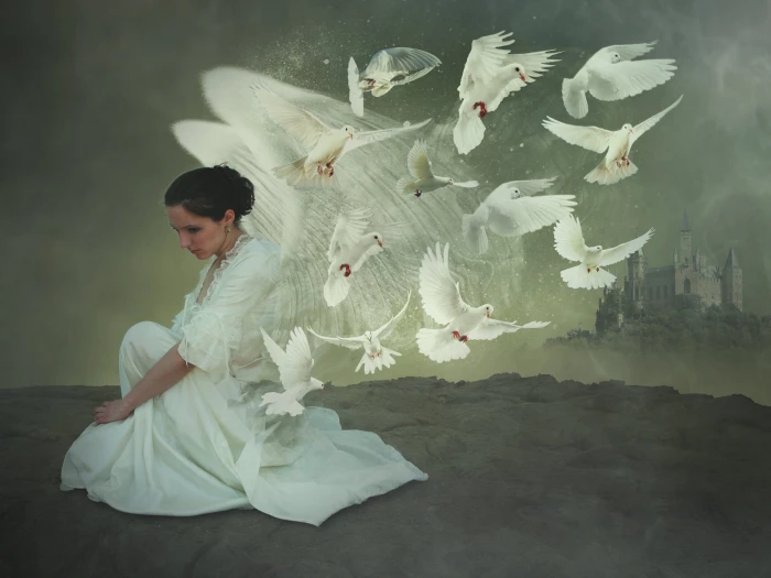 woman sitting with penguin photo human adult angel fantasy 2k 4k 5k