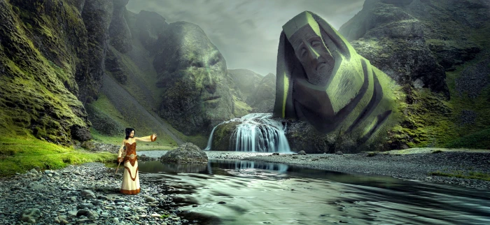 woman standing near flowing body of water under white sky fantasy 2k 4k 5k