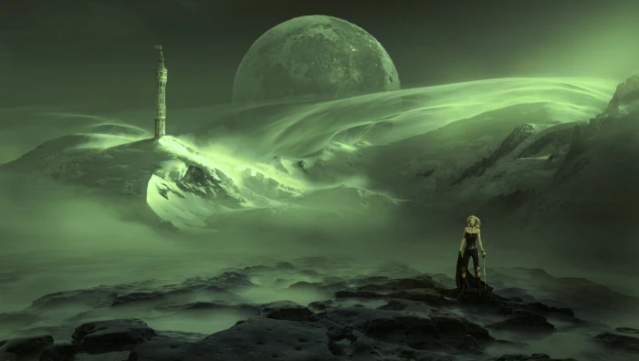 woman standing on rocks with tower and moon background illustration 2k 4k 5k