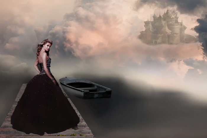 woman wearing black backless tube dress standing on dock fantasy picture 2k 4k 5k