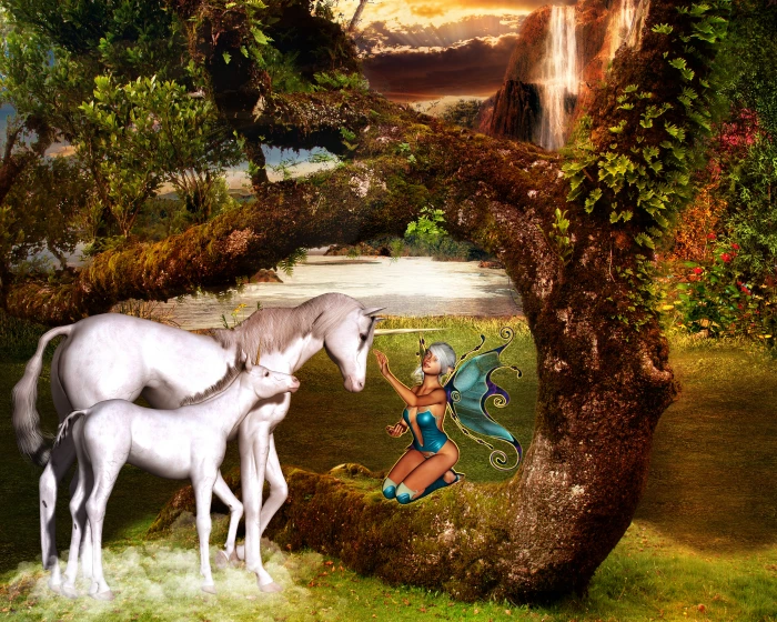 woman with blue wing holding face of white horse illustration 2k 4k