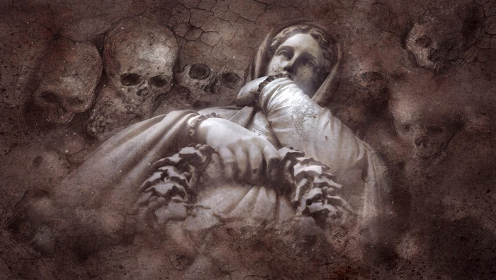 woman with skull painting mysticism grave gloomy crypt tomb figure 2k 4k 5k