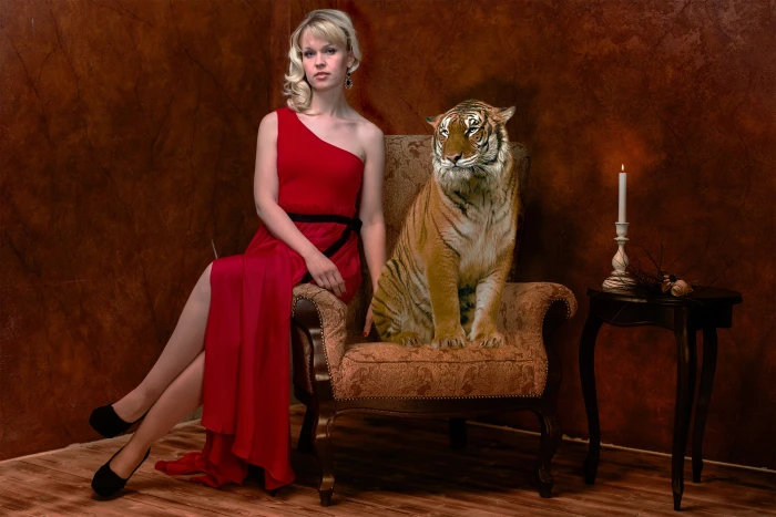 woman tiger room antique look portrait mystical wealth 2k