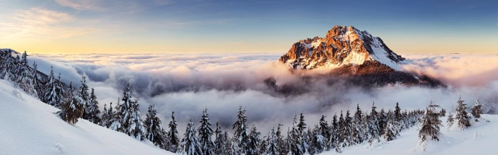 mountain covered white snow landscape mountains mist pine trees widescreen dualmonitor dualscreen 2k 4k