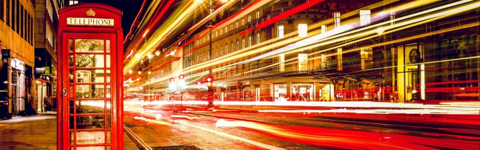 red telephone booth London phone box street city lights widescreen dualmonitor dualscreen 2k 4k
