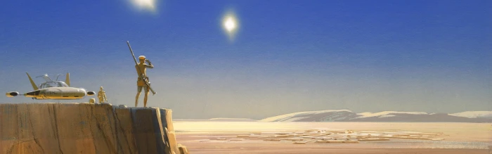 Tatooine dual monitors Ralph McQuarrie Star Wars artwork widescreen dualmonitor dualscreen 2k 4k