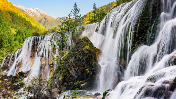 waterfall nature body of water jiuzhaigou vegetation pearl shoal 2k 4k 5k 8k