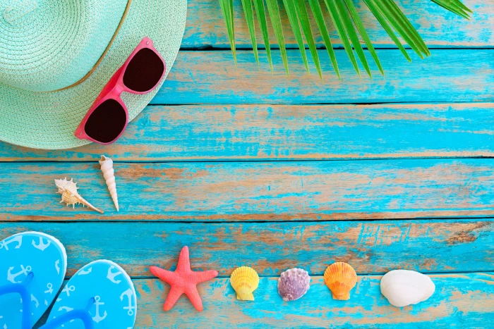 sand beach background stay Board star hat glasses shell 2k 4k 5k