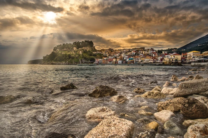 scenery of body water parga fishing village sunset afternoon 2k 4k 5k
