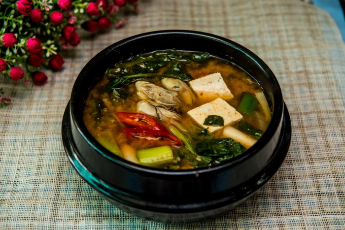 seafood soupe dish served on black ceramic bowl miso soup bureau 2k 4k 5k