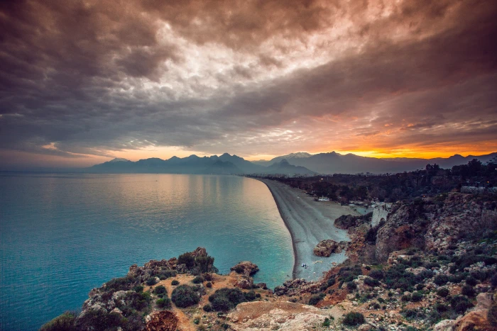 sky sunset clouds rocks Konyaalti Beach water Turkey 2k 4k