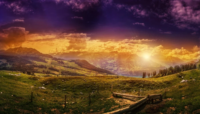 Mountains hills sunset HD Switzerland meadows 2k 4k 5k
