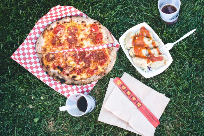 Pizza Salami and Korean dumplings Mandu on a grass green outside 2k 4k 5k