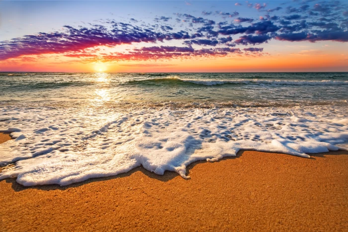 Sunset beach sea water sand sky clouds landscape ocean 2k 4k 5k