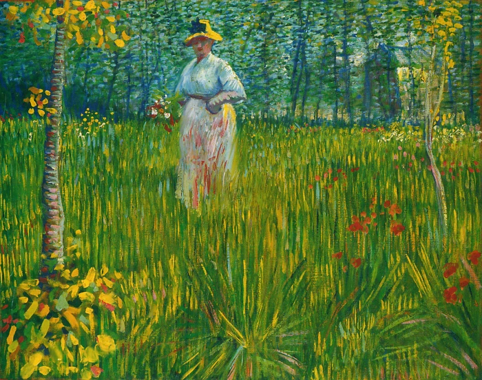 woman wearing hat standing and surrounded by grass painting vincent van gogh 2k 4k 5k